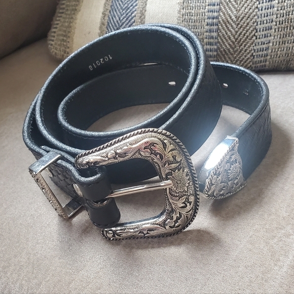 Bull Hide Belt Co. The Wayne Basket Weave Embossed Leather Belt Black Size 44 - Picture 5 of 15